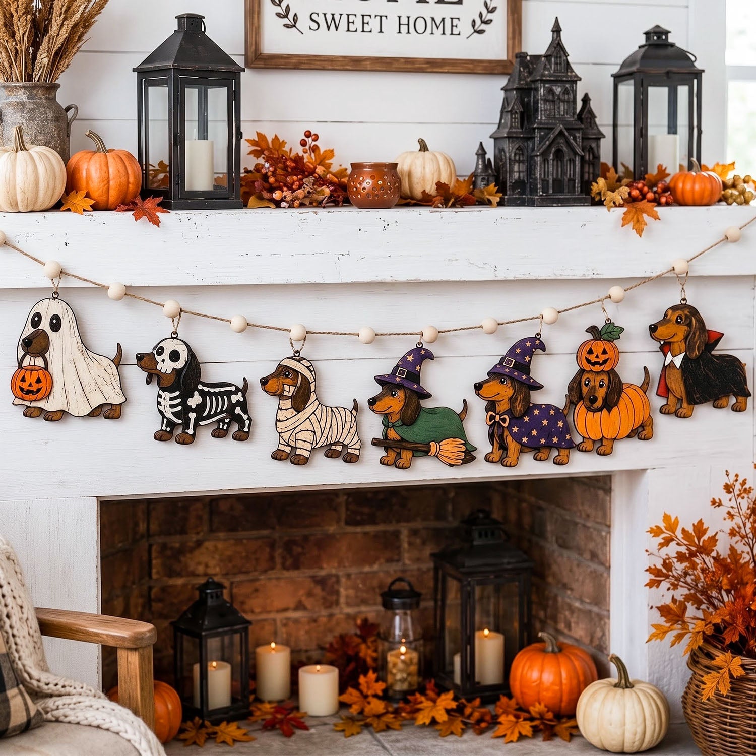 A Halloween-themed wooden dog garland with various dog costumes and accessories hangs across a white fireplace mantel, surrounded by fall decorations including pumpkins, lanterns, and autumn leaves.