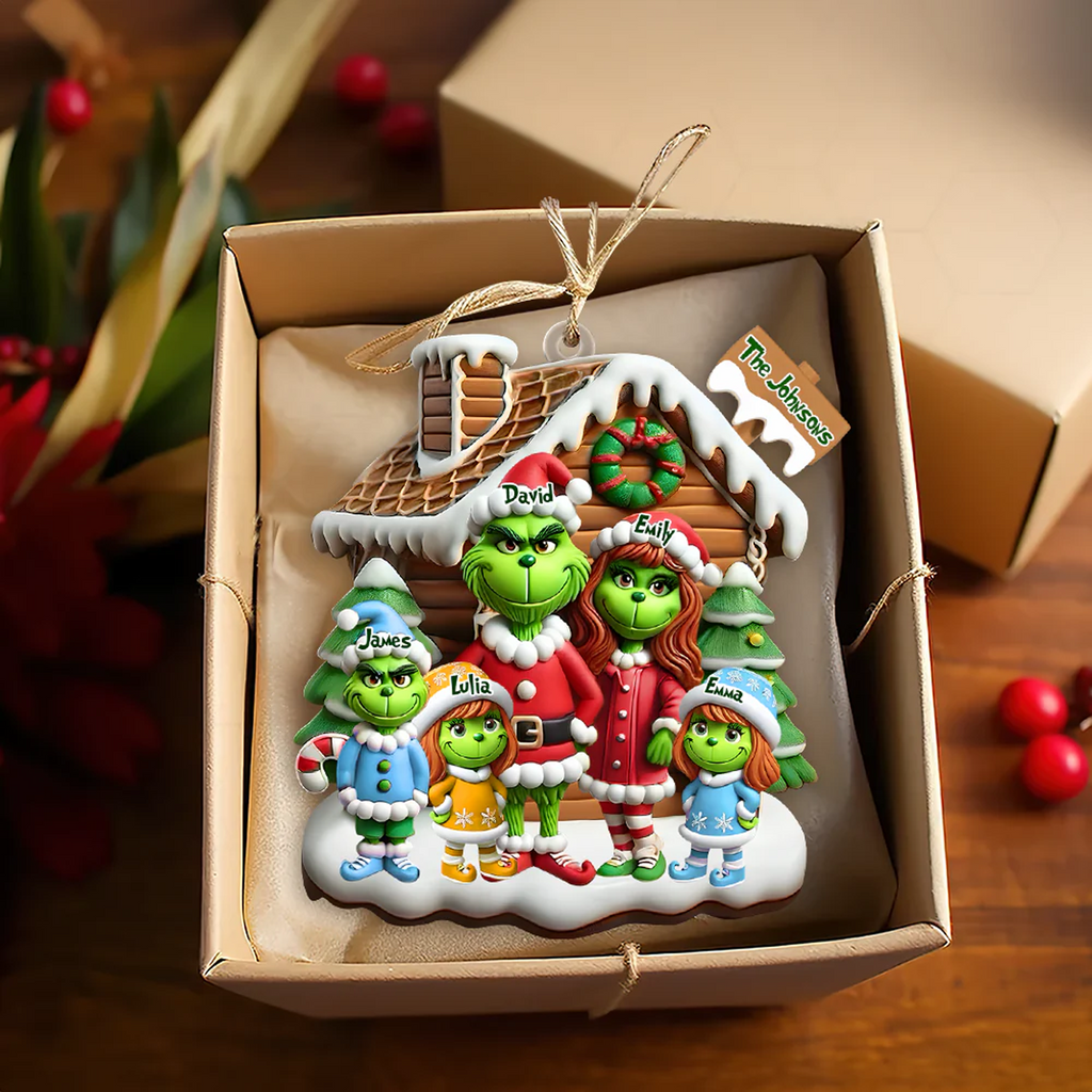 Personalized Cartoon Grinch Family Acrylic Ornament, Heartwarming Holiday Decoration For Family