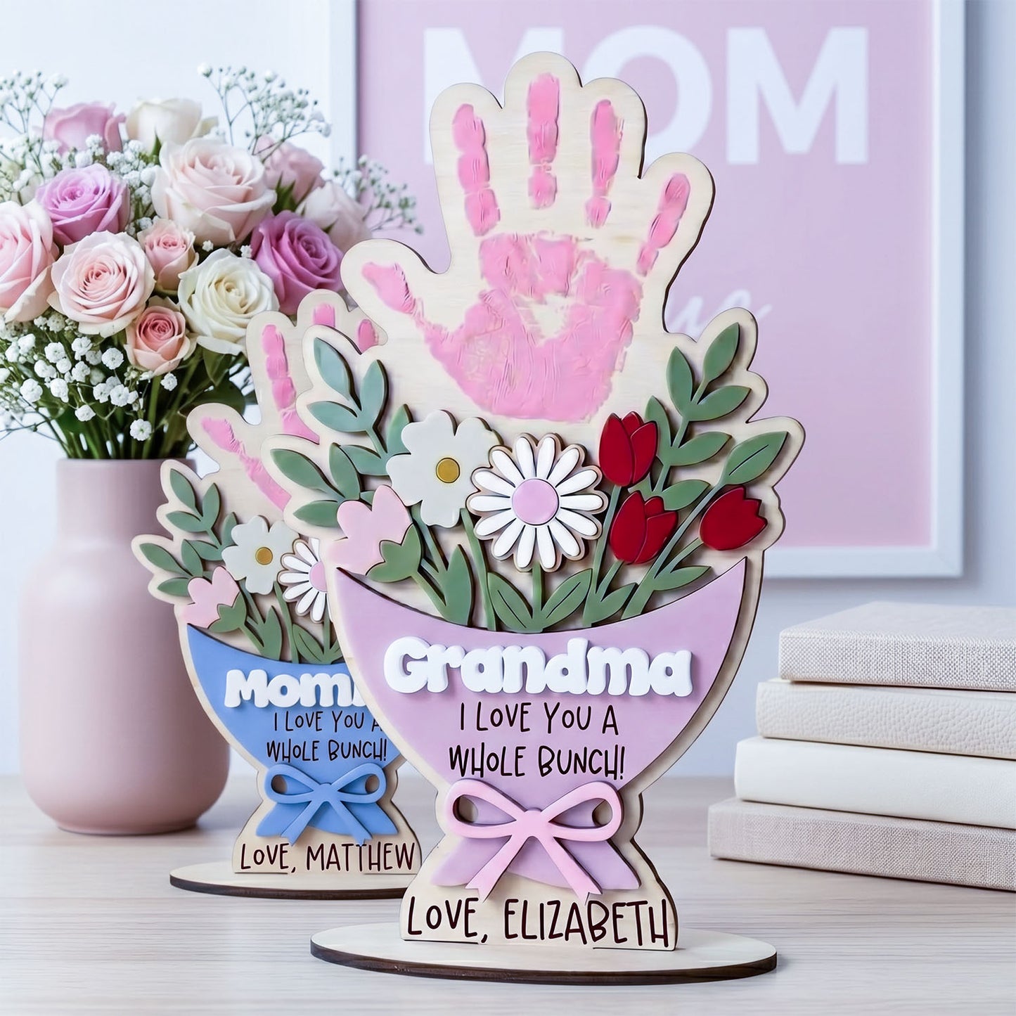 Personalized Wooden Flower Bouquet Handprint Sign With Flat Base, Custom Mom Grandma Handprint Plaque, Kids Fingerprint Art Gift, Mother Day Keepsake, Family Name Sign
