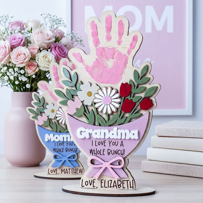 Personalized Wooden Flower Bouquet Handprint Sign With Flat Base, Custom Mom Grandma Handprint Plaque, Kids Fingerprint Art Gift, Mother Day Keepsake, Family Name Sign