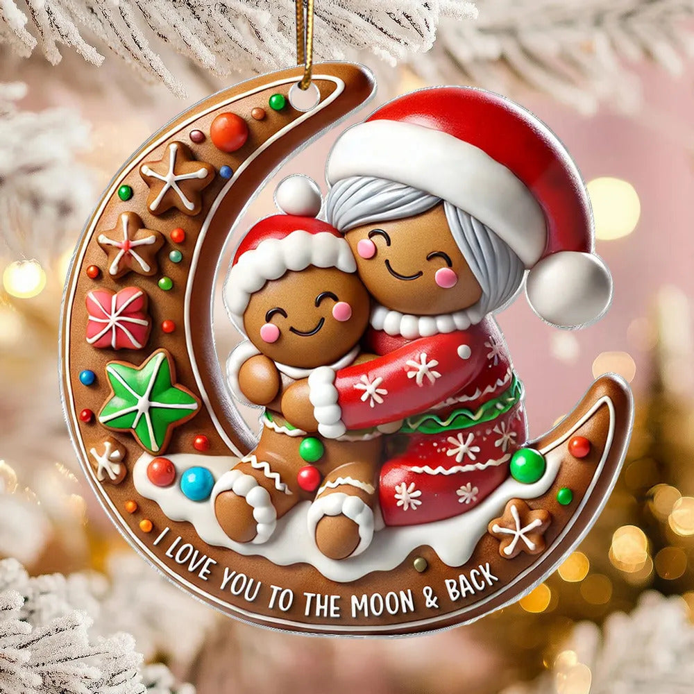 3D Effect Gingerbread Grandma Hugging Grandkid On Moon Christmas Personalized Acrylic Ornament, Gift For Granddaughter, Grandson