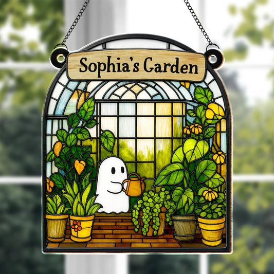 Personalized Ghost And Lush Greenery Garden Suncatcher, Gift For Garden Lovers, Cute Halloween Gift