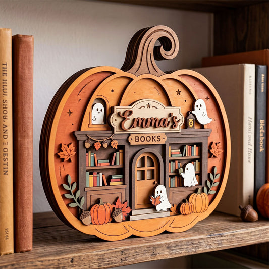 A decorative layered wooden pumpkin-shaped tabletop piece featuring a cozy bookshop scene labeled "Emma's Books," with ghosts, pumpkins, autumn leaves, acorns, and shelves of books. It is displayed on a wooden shelf between books.