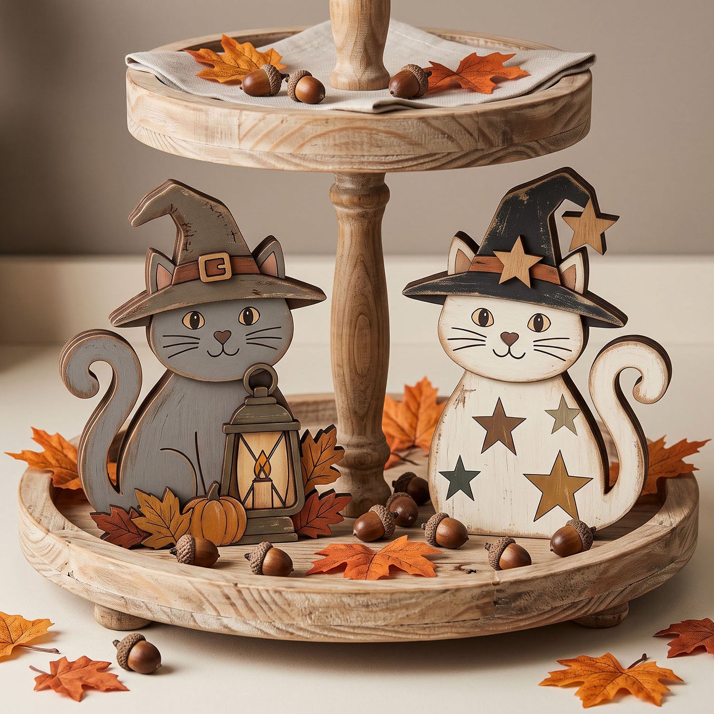 A rustic two-tier wooden display stand decorated for Halloween, featuring two cat cutouts wearing witch hats. One cat is gray with a lantern, and the other is white with star cutouts.