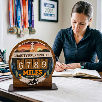 Personalized Running Miles Tracker Sign With Flat Base, Mountain Sunset Design, Holiday Gift for Runners