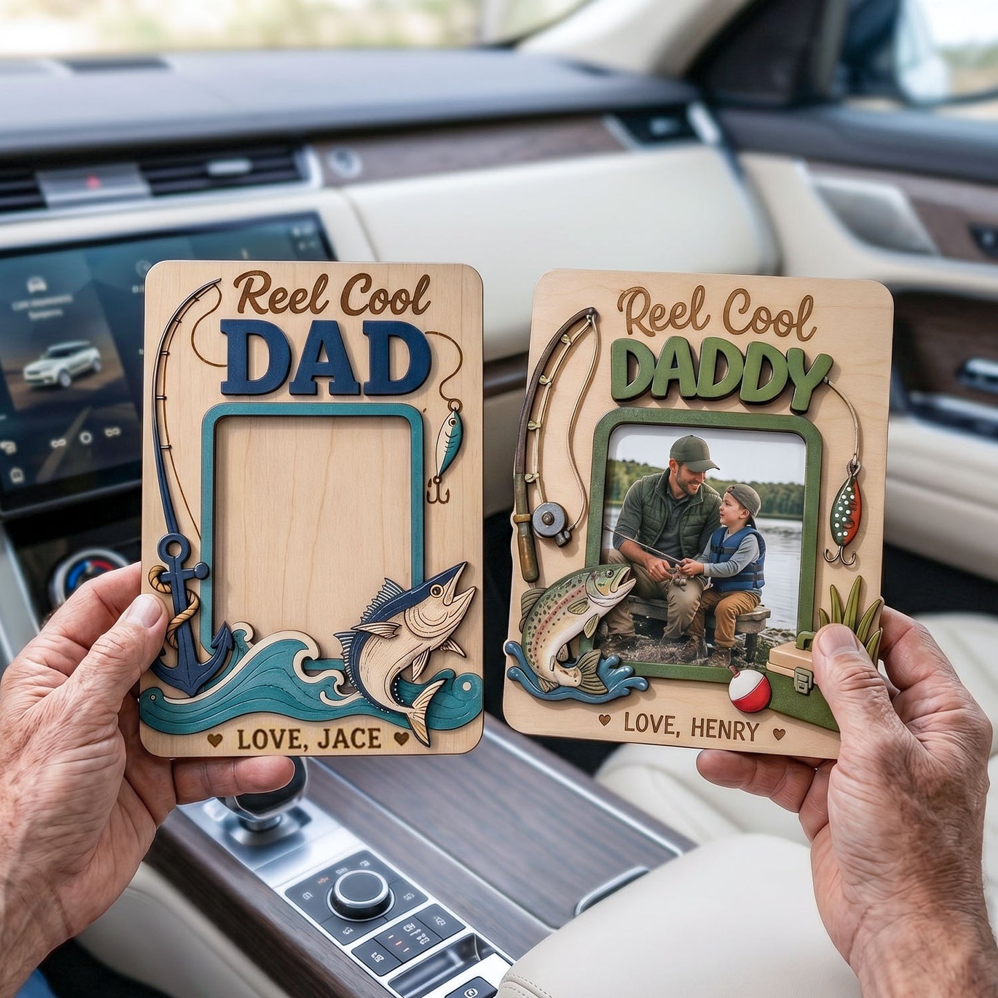 Personalized Fishing Photo Car Visor Clip, Custom Reel Cool Dad Daddy Picture Frame Ornament, Hanging Car Decor Gift, Father’s Day Gift For Dad