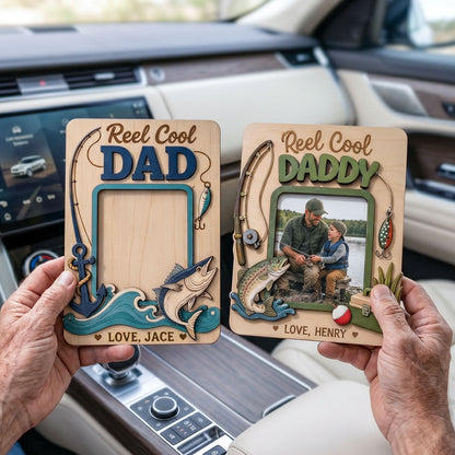 Personalized Fishing Photo Car Visor Clip, Custom Reel Cool Dad Daddy Picture Frame Ornament, Hanging Car Decor Gift, Father’s Day Gift For Dad