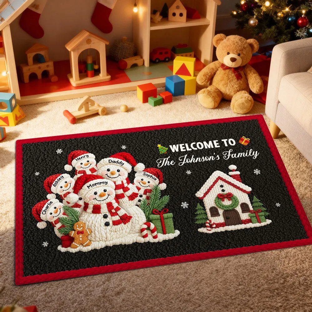Welcome to Our Family Snowman Latch Hook Yarn Faux - Personalized Doormat - Festive Christmas Decor for Family