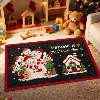 Welcome to Our Family Snowman Latch Hook Yarn Faux - Personalized Doormat - Festive Christmas Decor for Family