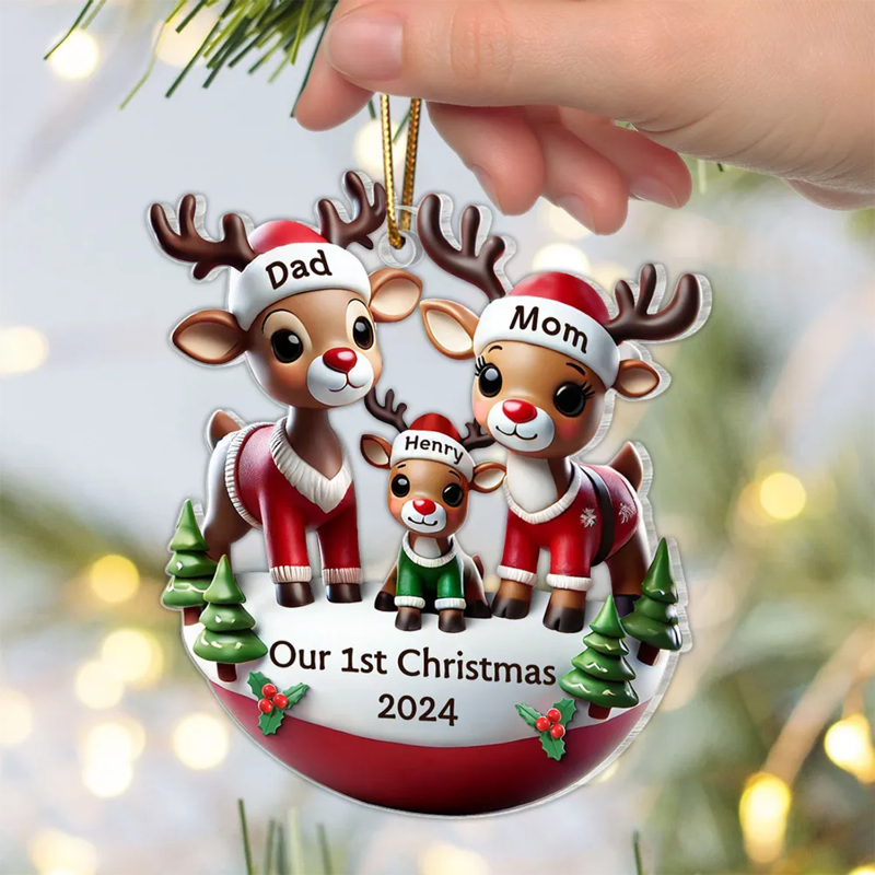 Personalized Reindeer Family 3D Effect Acrylic Ornament, Cute Christmas Decoration