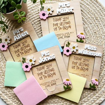 Personalized Teacher Flower Post-it Note Holder for Teacher Appreciation Gift, End Of School Year Gift