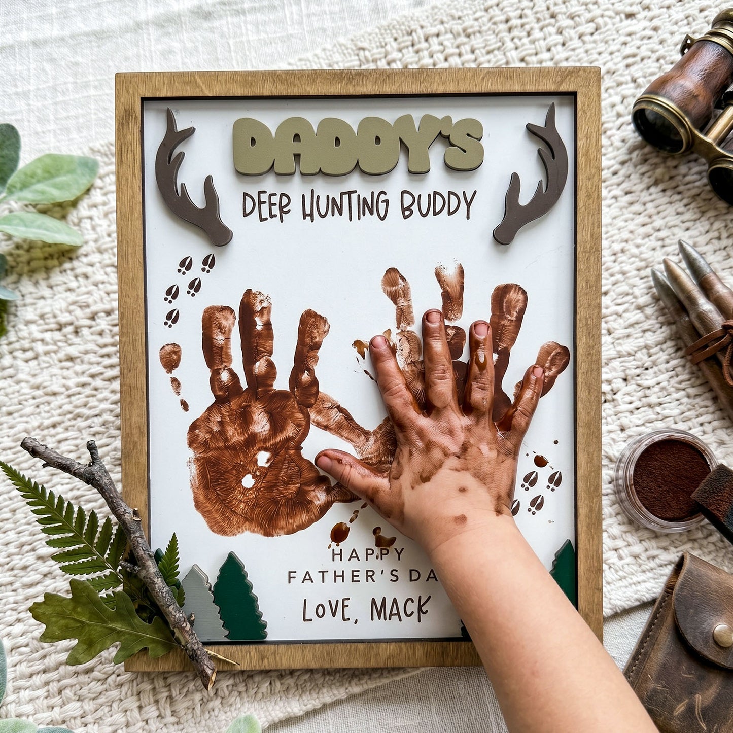 Personalized Deer Hunting Handprint Wooden Sign, Custom Daddy Grandpa Hunting Buddy Sign Decor, Rustic Father's Day Gift