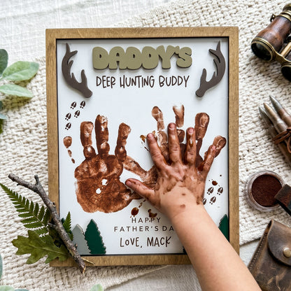 Personalized Deer Hunting Handprint Wooden Sign, Custom Daddy Grandpa Hunting Buddy Sign Decor, Rustic Father's Day Gift