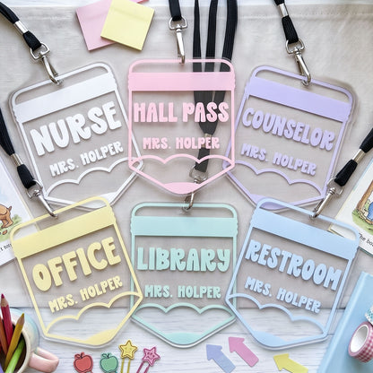Personalized Teacher Pencil Hall Pass Lanyard, Custom Classroom Pass Badge, School Staff ID Holder, Nurse Counselor Office Library Restroom Pass