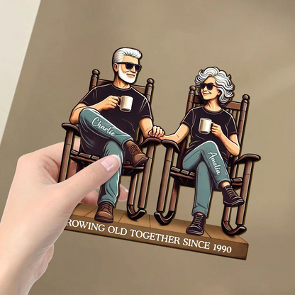 Personalized Old Couple Sitting On Front Porch Standing Wooden Plaque, Heartfelt Valentine's Day Gift For Old Couple