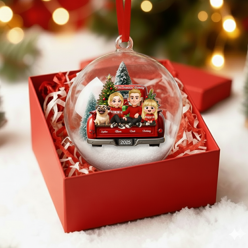 Family Sitting On Truck Ball Ornament - Personalized Snow Globe Ornament - Christmas Festive Decor, Gift for Husband, Wife, Children