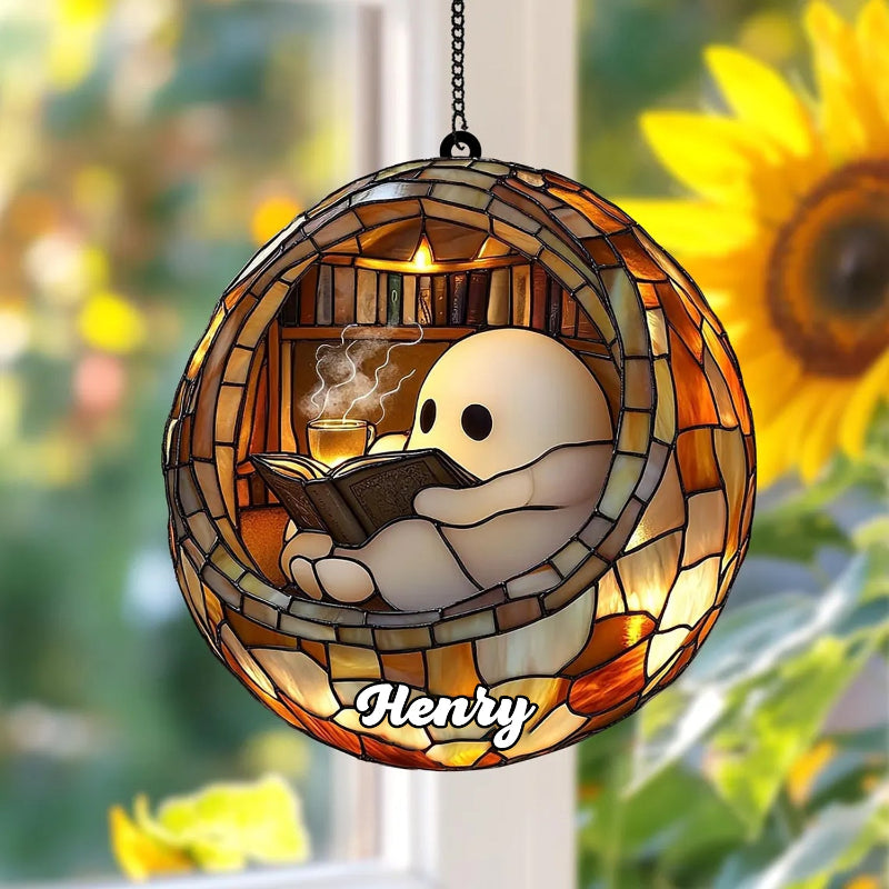 Reading Ghost in Teacup Faux Stained Suncatcher, Acrylic Halloween Window Hanging for Spooky Bathrooms and Book Lovers, Reader Gift