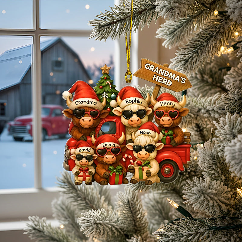 Personalized Christmas Highland Cow On Truck Acrylic Ornament, Family Christmas Ornament