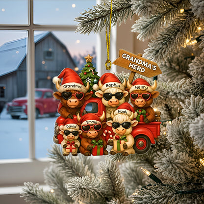 Personalized Christmas Highland Cow On Truck Acrylic Ornament, Family Christmas Ornament