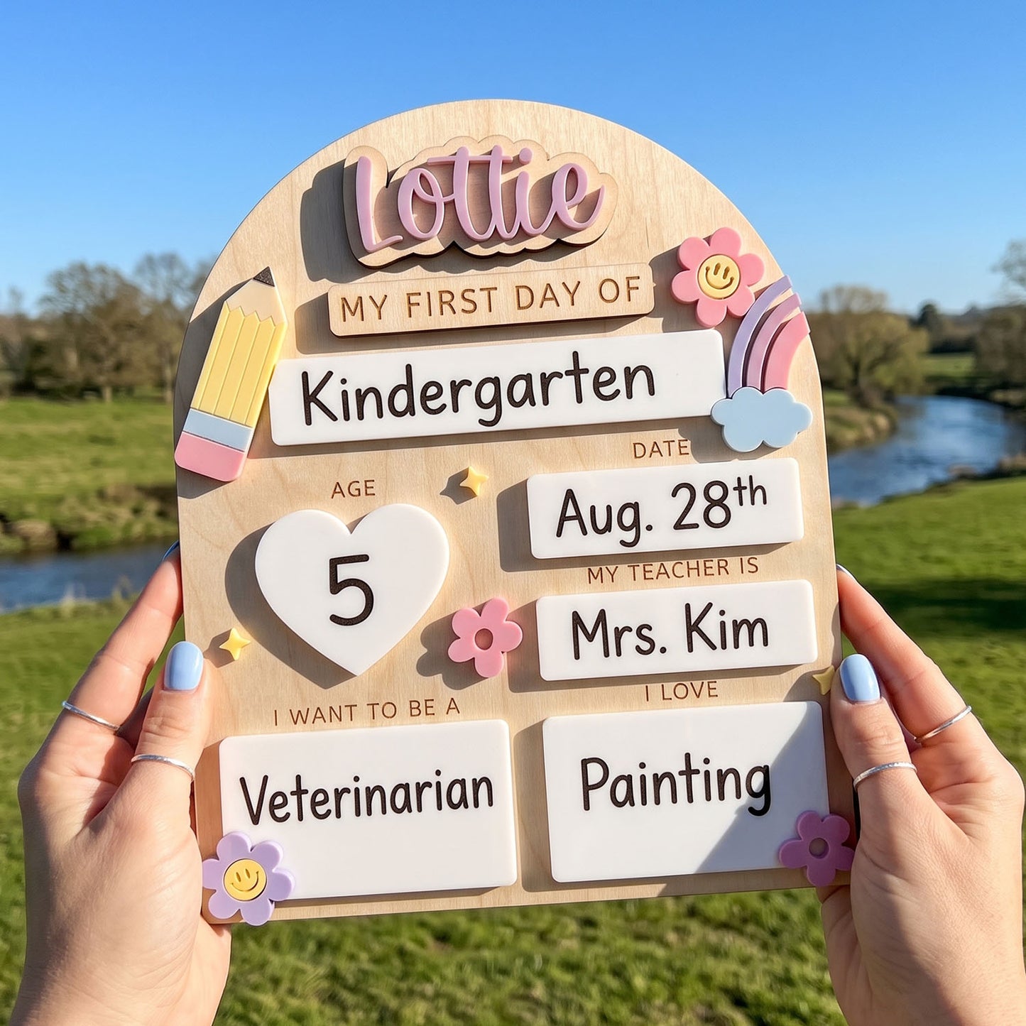 Personalized Interchangeable Pastel Rainbow Back to School Board, First And Last Day Of School, Custom 3D Name Milestone Sign, Reusable Back To School Photo Prop