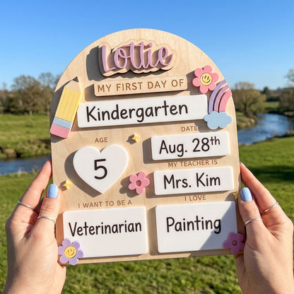 Personalized Interchangeable Pastel Rainbow Back to School Board, First And Last Day Of School, Custom 3D Name Milestone Sign, Reusable Back To School Photo Prop