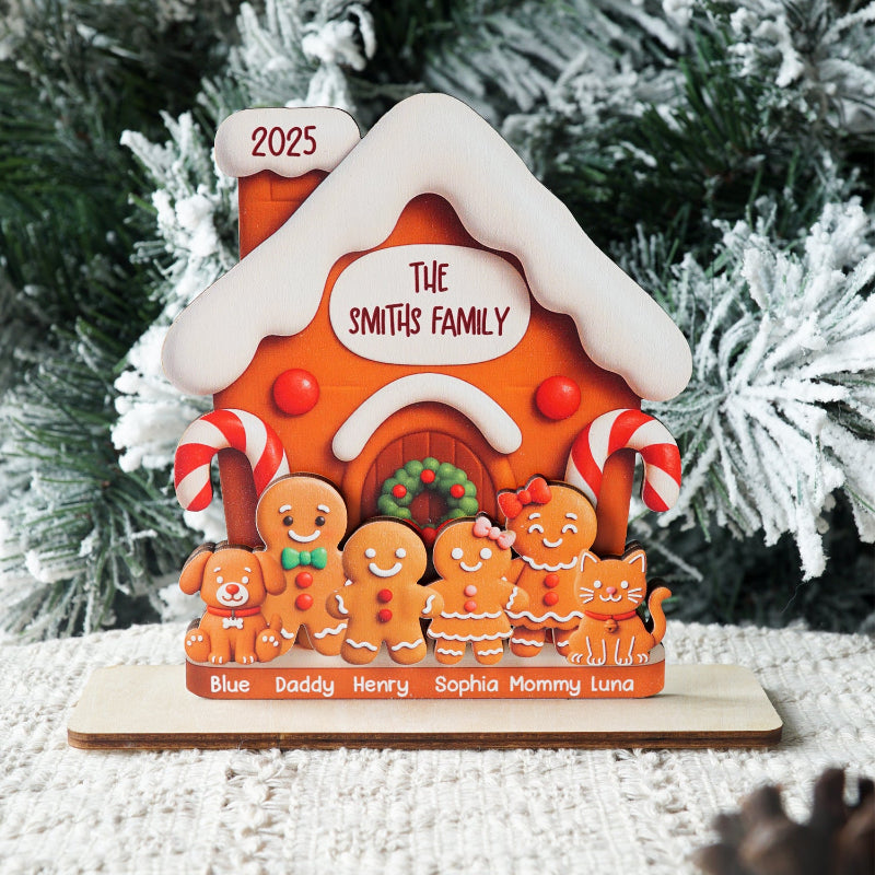 Personalized Gingerbread Family House Standing Wooden Plaque, Personalized Christmas Standing Wooden Plaque