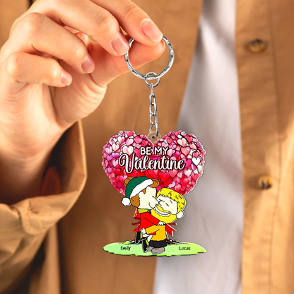 Personalized Cartoon Couple Kissing Under Heart Tree Keychain, Valentine's Day Gift for Couples, Gift For Him, Gift For Her