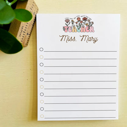 Personalized Name Teacher Notepad, Flower Notepad Style, Appreciation Gift For Teacher Principal Counselor