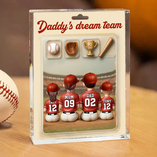 3D Effect Action Figure Baseball Family Daddy's Dream Team Personalized Rectangle Acrylic Block Plaque