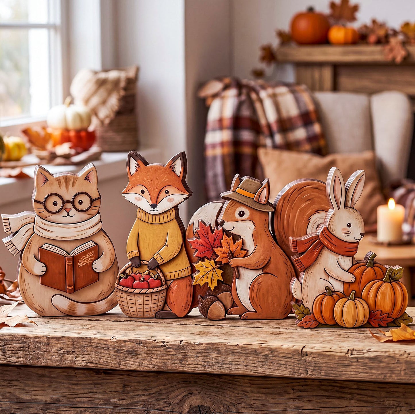 Cozy Fall Woodland Animal Wooden Block Sign, Autumn Shelf Decor Scene, Rustic Fall Home Decor