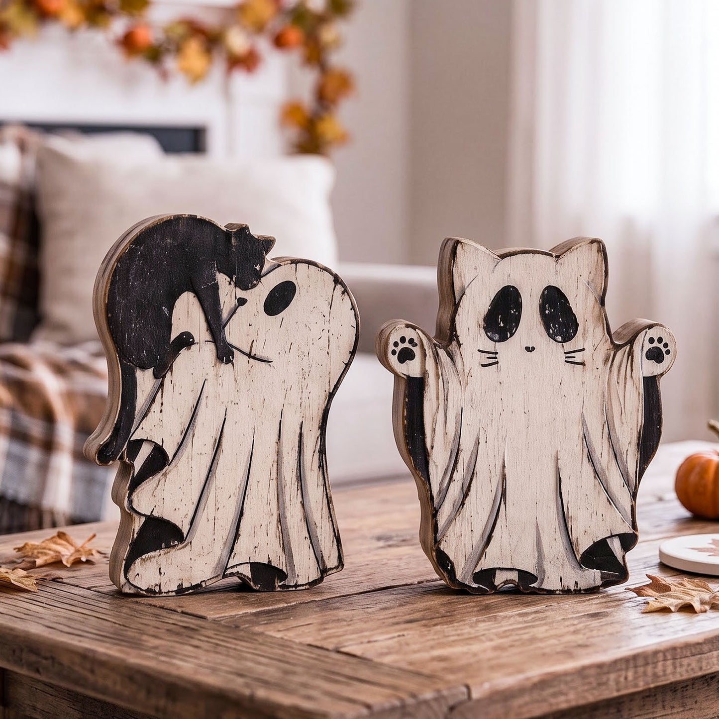 Two rustic wooden ghost-shaped Halloween decorations displayed on a wooden table in a cozy living room setting. One ghost features a black cat climbing up its back, while the other is a simple cute ghost with large black eyes and paw details.