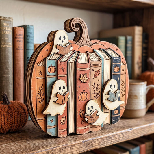A decorative wooden pumpkin-shaped shelf piece with carved book spines and three ghost figures reading books, displayed on a rustic wooden shelf with vintage books and a mug in the background.