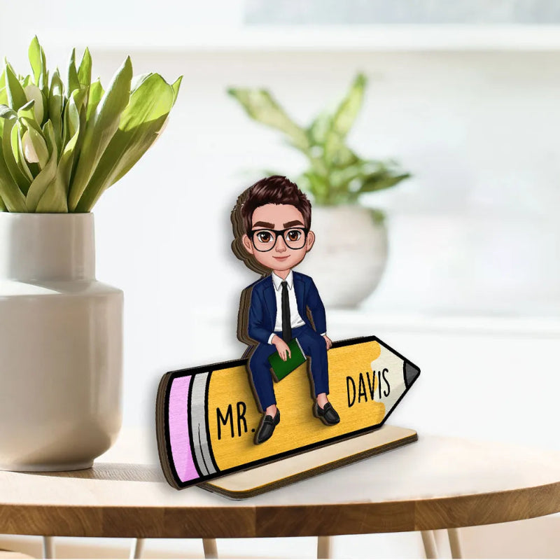 Personalized Doll Teacher Sitting On Pencil Standing Wooden Plaque, End Of School Year Gift For Teacher, Teacher Appreaciation, Office Decor