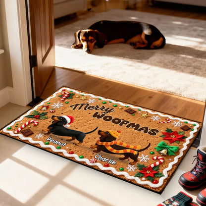 3D Effect Christmas Happy Pawliday Dachshunds Walking Gingerbread Cookie Theme - Personalized Doormat
