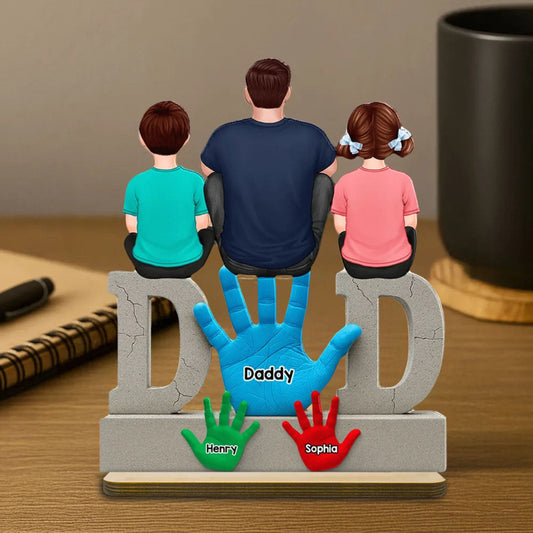 Dad Handprints Dad And Kids Sitting On Text Personalized Acrylic Block Plaque