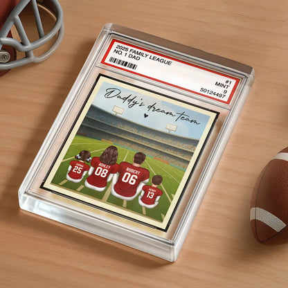 American Football Daddy's Dream Team No. 1 Dad Man & Kids Sitting Trading Card Style Personalized Acrylic Block Plaque