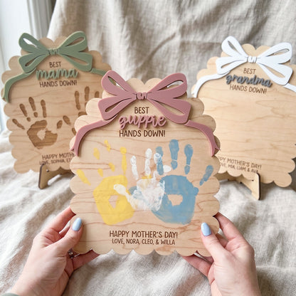 Personalized DIY Bow Ribbon Scallop Handprint Sign, Custom Kids Handprint Keepsake Plaque, Best Mama Grandma Hands Down Design, Mother’s Day Gift, Family Keepsake Decor