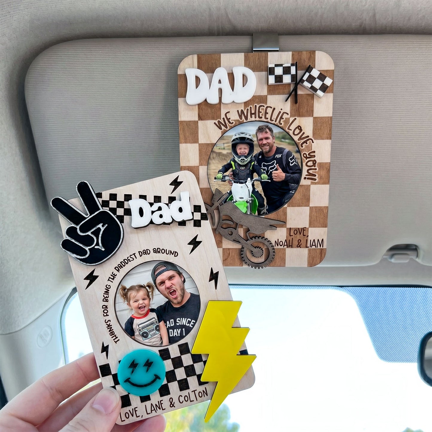 Personalized Racing Photo Holder Car Visor Clip, Custom Dad Car Sun Visor Picture Frame With Motocross And Checkered Flag Decor, Drive Safe Gift From Kids
