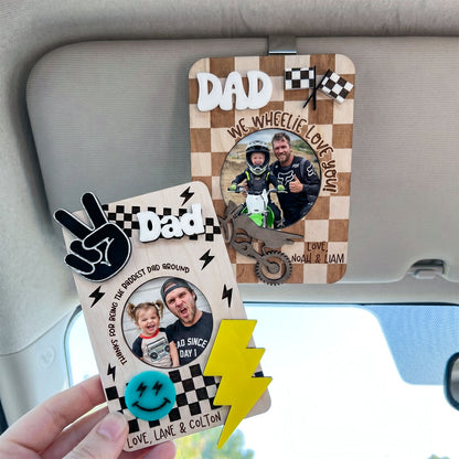 Personalized Racing Photo Holder Car Visor Clip, Custom Dad Car Sun Visor Picture Frame With Motocross And Checkered Flag Decor, Drive Safe Gift From Kids