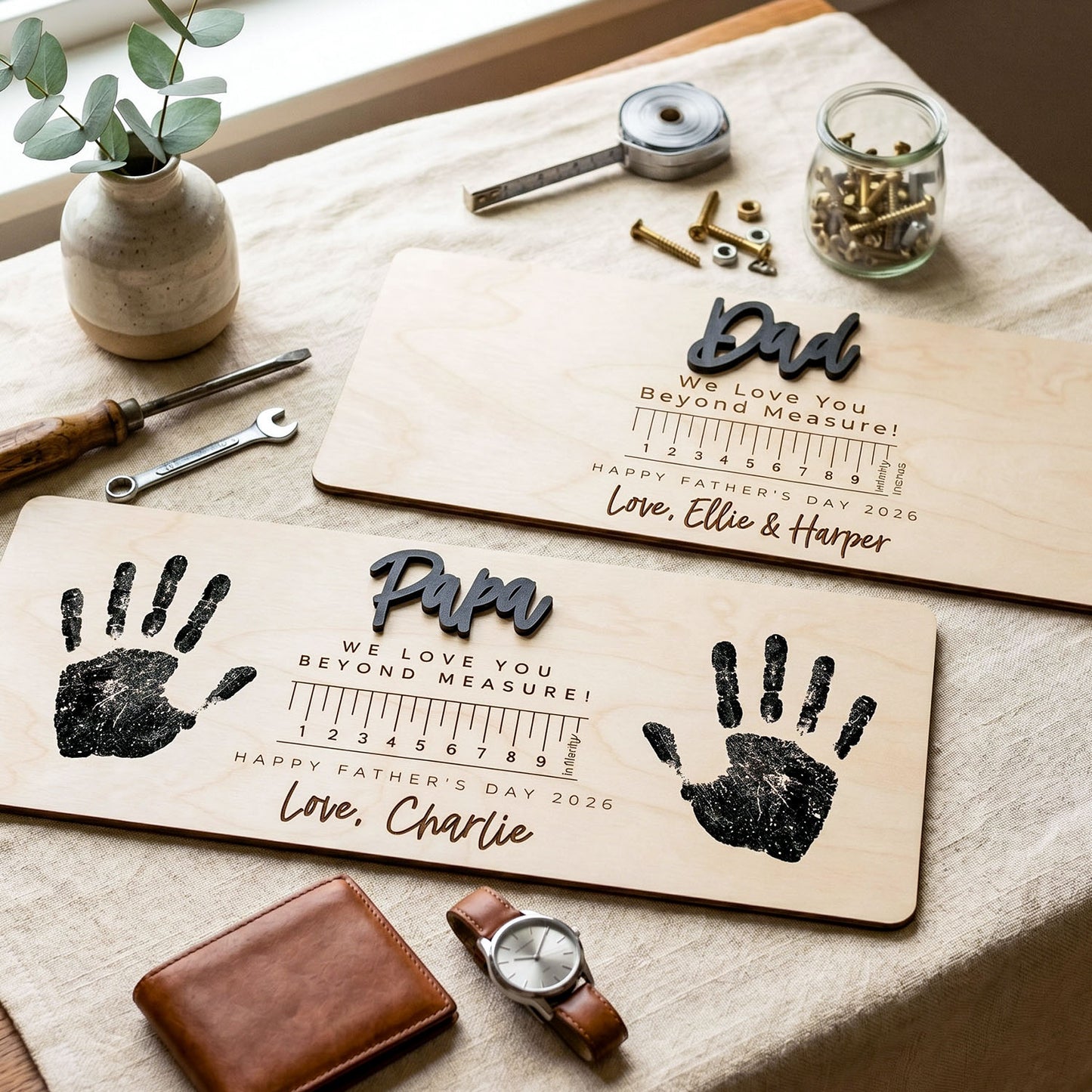 Personalized Kids Love Measure Wooden Handprint Sign, Custom Daddy Papa Handprint Sign Decor, Meaningful Father's Day Gift