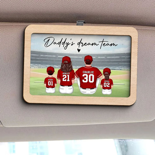 Personalized Daddy's Team Baseball Family Sitting Car Visor Clip, Father's Day Gift For Dad, Grandpa, Husband, Baseball Lovers Gift