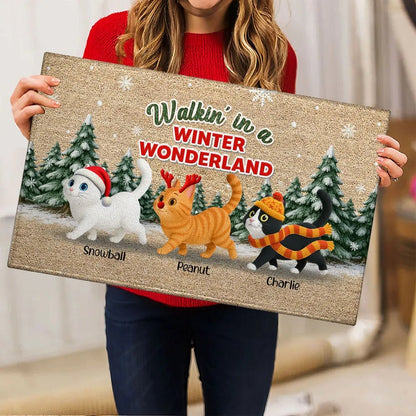 Cats Walking In A Winter Wonderland - Personalized Doormat