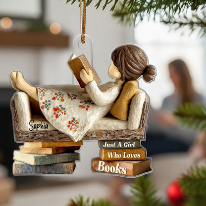 Man Woman Reading Book On Sofa - Personalized Acrylic Ornament - Christmas Gift For Book Lover, Bookworm