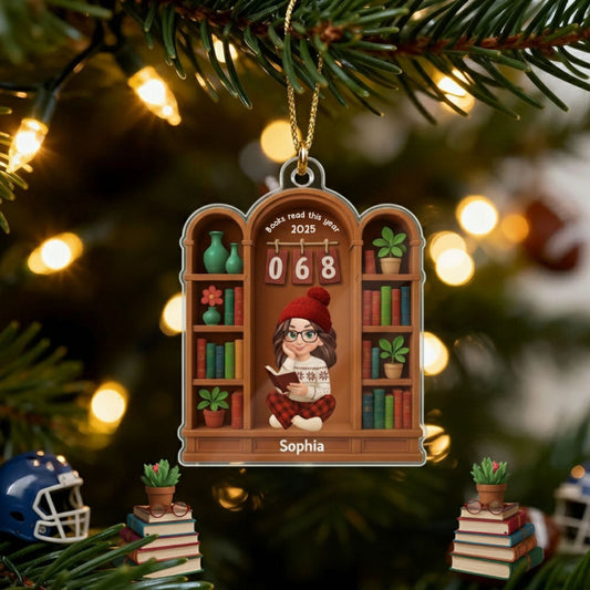 Books Read This Year, Personalized Girl Sitting On Bookshelf Acrylic Ornament, Gifr For Book Lover, Bookworm