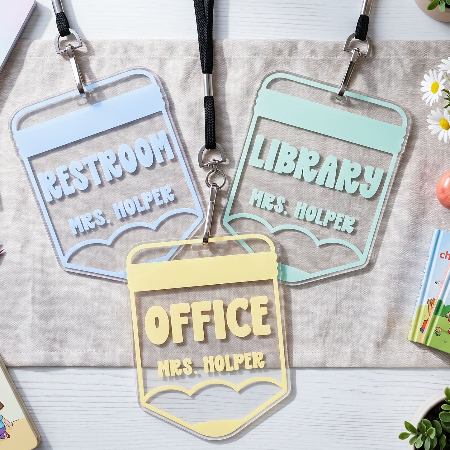 Personalized Teacher Pencil Hall Pass Lanyard, Custom Classroom Pass Badge, School Staff ID Holder, Nurse Counselor Office Library Restroom Pass