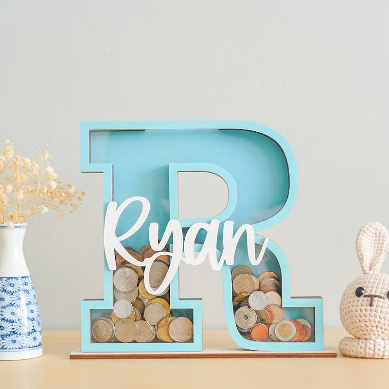 Personalized Baby Letter Coin Bank, Wooden Money Bank