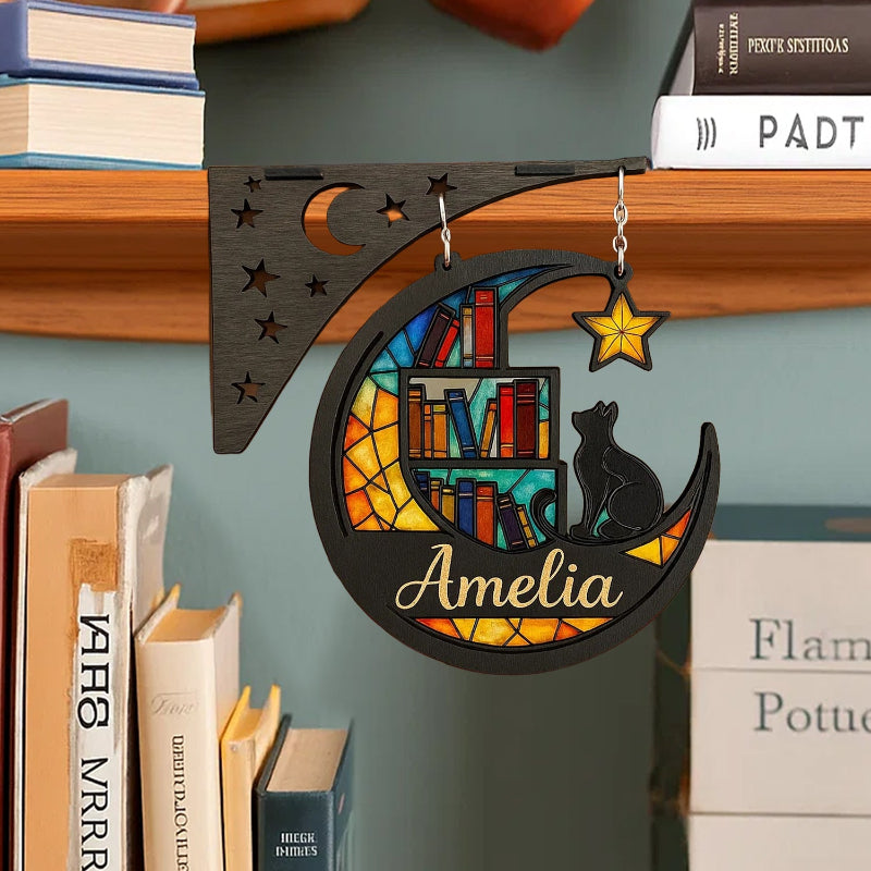 Personalized Half Moon Cat Bookshelf Corner Bracket, Wooden Corner Decor, Library Decor, Bookshelf Decor, Gift for Readers, Book Lovers Gift
