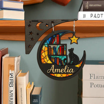 Personalized Half Moon Cat Bookshelf Corner Bracket, Wooden Corner Decor, Library Decor, Bookshelf Decor, Gift for Readers, Book Lovers Gift