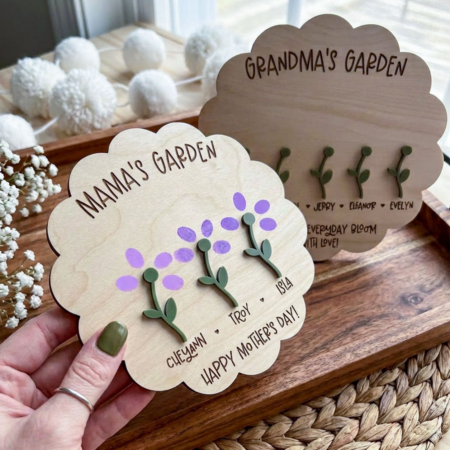 Personalized DIY Mom Fingerprint Flower Sign, Custom Wooden Mama Garden Sign with Kids Names, Family Fingerprint Art Gift for Mom Grandma, Mother’s Day Keepsake Decor