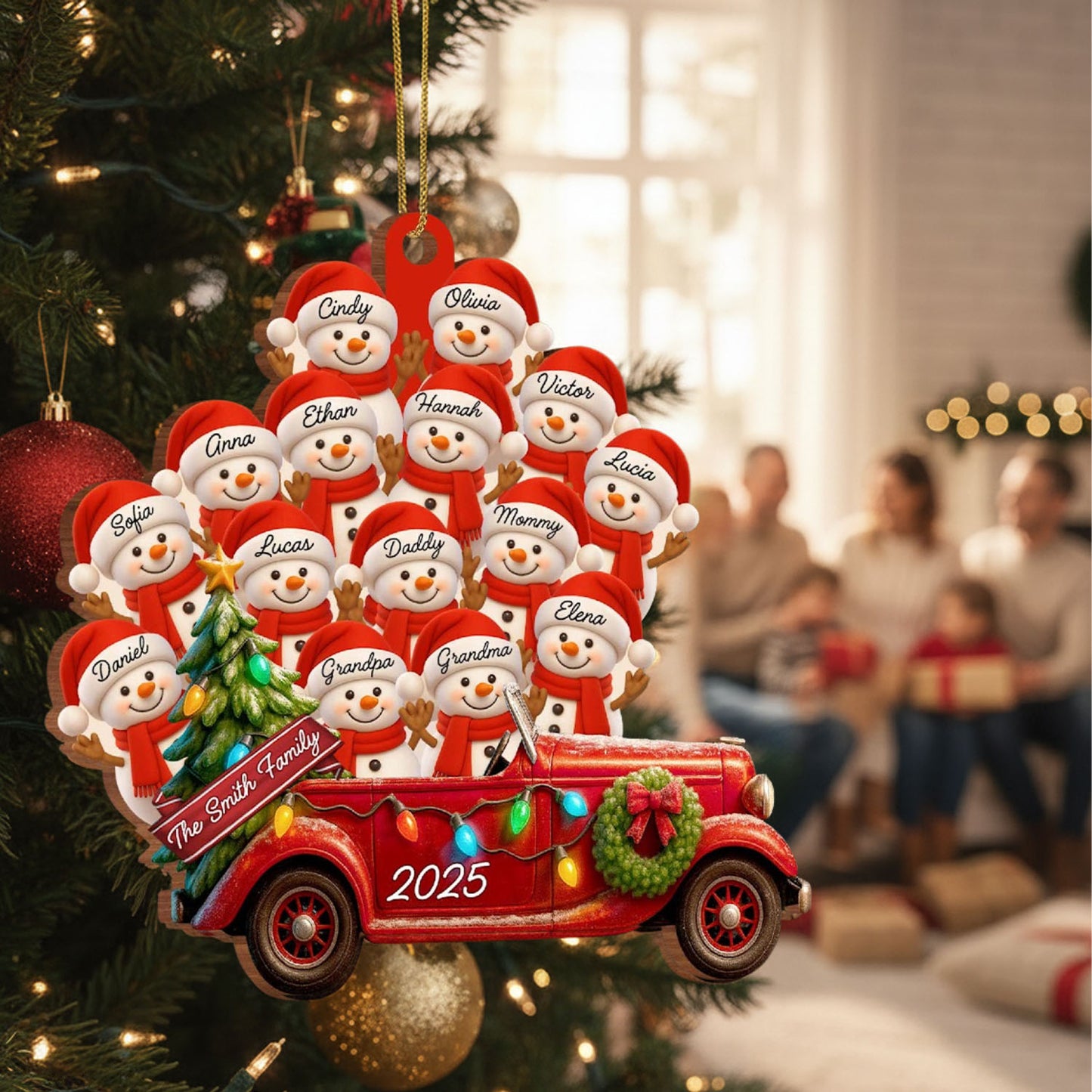 Personalized Big Family Snowman On Red Truck Wooden Ornament, Gift For Family and Christmas Lovers
